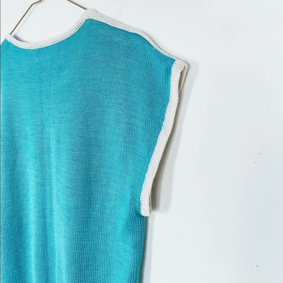 70s abstract knit sweater shirt - sleeveless - vtg turquoise white - Picture 3 of 5